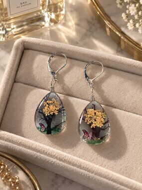 Handmade Pressed Flower Resin Teardrop Earrings Yellow Botanical One Size